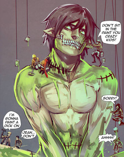 ambiguous_gender black_hair blonde_hair bodypaint brown_hair clothed clothing dialogue green_bodypaint green_eyes group hair humanoid_pointy_ears macro male nude_humanoid nude_male pointy_ears red_scarf scarf text moni158 attack_on_titan armin_arlert eren_jaeger hange_zoe jean_kirstein levi_ackerman marco_bodt mikasa_ackerman sasha_braus human humanoid mammal monster titan_(attack_on_titan) 2013 english_text