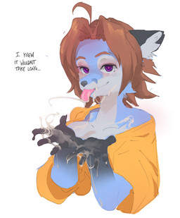 5_fingers after_transformation anthro blue_body blue_fur blush bodily_fluids breasts brown_hair clothing cum cum_on_face cum_on_hand dialogue female fingers fur genital_fluids hair heart_eyes heart_symbol looking_at_viewer purple_eyes shirt short_hair simple_background smile solo text tongue tongue_out topwear white_background yellow_clothing yellow_shirt yellow_topwear corablue canid canine fox mammal 2025 digital_media_(artwork) english_text hi_res