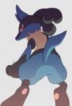 ambiguous_gender anthro black_body black_fur blue_body blue_fur fur looking_back simple_background solo standing white_background sikai nintendo pokemon generation_4_pokemon lucario pokemon_(species) unavailable_at_source