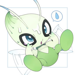 3_fingers afterimage ambiguous_gender ambiguous_humanoid antennae_(anatomy) back_wings blue_antennae blue_eyes bodily_fluids cum cum_on_face featureless_crotch featureless_feet feet fingers flapping_wings flying genital_fluids green_antennae green_body insect_wings motion_lines multicolored_antennae not_furry nude nude_ambiguous nude_humanoid open_mouth purple_tongue solo speech_bubble spread_legs spreading tongue two_tone_antennae white_wings wings youjomodoki nintendo pokemon celebi generation_2_pokemon humanoid legendary_pokemon pokemon_(species) 2026 absurd_res hi_res