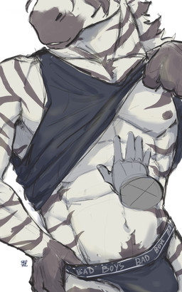 abs anthro areola black_areola black_body black_fur black_nipples black_stripes blue_bottomwear blue_clothing blue_shirt blue_tank_top blue_topwear blue_underwear bottomwear bulge clothed clothing clothing_lift crotch_tuft disembodied_hand duo feeling_muscles fur hand_on_hip jockstrap male multicolored_body multicolored_fur muscular navel nipples shirt shirt_lift simple_background slightly_open_mouth standing stripes tank_top text text_on_clothing text_on_underwear topwear touching_chest tuft two_tone_body two_tone_fur underwear white_background white_body white_fur sreyel equid equine mammal zebra 2025 absurd_res digital_media_(artwork) english_text hi_res signature