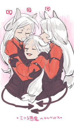 armband clothing cowlick eyebrows eyes_closed fangs female group hair heart_symbol hug licking long_hair necktie open_mouth shirt simple_background spade_tail speech_bubble tail teeth text tongue tongue_out topwear vest white_background white_body white_eyebrows white_hair white_skin palchiba helltaker cerberus_(helltaker) animal_humanoid canid canid_humanoid canine canine_humanoid demon demon_humanoid dog_humanoid humanoid mammal mammal_humanoid hi_res japanese_text