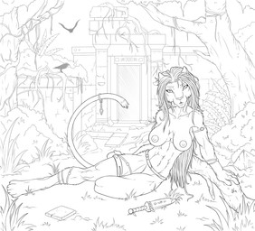 4_fingers 4_toes abs anthro breasts detailed_background feet female fingers forest fur hair jungle knife looking_at_viewer navel nipples nude plant solo temple toes tree tribal wide_hips aurancreations felid mammal 2015 line_art monochrome