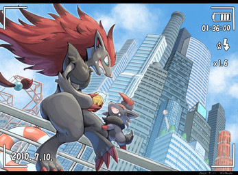 3_toes ambiguous_gender anthro black_bars black_body black_fur blue_eyes building camera_view claws cloud day dessert detailed_background duo dutch_angle feet feral food fur ice_cream open_mouth open_smile recording sky smile toe_claws toes tuft katkichi nintendo pokemon generation_5_pokemon pokemon_(species) zoroark zorua 2022 absurd_res hi_res letterbox signature