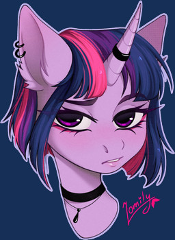 alternative_fashion collar ear_piercing ear_ring eyebrows eyelashes female feral goth horn horn_jewelry horn_ring inner_ear_fluff jewelry lips looking_at_viewer pendant piercing raised_eyebrow ring_(jewelry) ring_piercing solo tuft lomilykohi friendship_is_magic hasbro my_little_pony mythology twilight_sparkle_(mlp) equid equine mammal mythological_creature mythological_equine unicorn alpha_channel hi_res