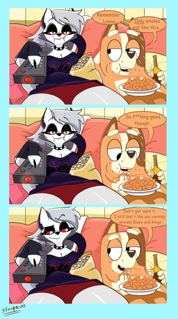 anthro breasts censored_profanity chips_(food) cleavage clothed clothing dialogue drink_bottle duo eating eating_food female food furniture panties pillow red_sclera shoulderless_shirt smile smiling_at_another sofa television_remote text underwear watching_television white_eyes starpaintart bluey_(series) hellaverse helluva_boss mythology chilli_heeler loona_(helluva_boss) australian_cattle_dog canid canid_demon canine canis cattledog demon domestic_dog hellhound herding_dog mammal mythological_canine mythological_creature pastoral_dog wolf absurd_res comic crossover english_text hi_res