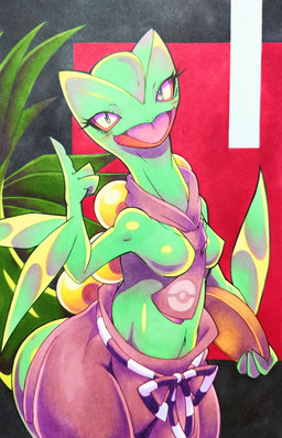 anthro blush blush_lines breasts clothing eyelashes featureless_breasts female green_body green_skin kerchief medium_breasts navel neckerchief neckwear non-mammal_breasts open_mouth pokeball pokeball_clothing pokeball_kerchief pokeball_neckerchief pokeball_neckwear pokeball_symbol raised_finger solo tongue 025aki nintendo pokemon pokemon_cafe_remix generation_3_pokemon pokemon_(species) reptile scalie sceptile 2023 absurd_res dated hi_res signature