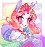 anthro breasts collar eyebrows eyelashes female hair horn iridescent iridescent_eyes iridescent_hair looking_at_viewer multicolored_hair nude purple_eyes smile solo pacevanrign mythology equid equine mammal mythological_creature mythological_equine unicorn 2021 digital_media_(artwork)