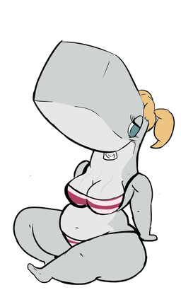 anthro belly blonde_hair breasts cleavage clothed clothing condom condom_in_mouth featureless_feet feet female hair looking_at_viewer mouth_hold object_in_mouth overweight overweight_anthro overweight_female ponytail sexual_barrier_device simple_background solo thick_thighs white_background shamelesss nickelodeon spongebob_squarepants pearl_krabs aquatic cetacean mammal physeteroid sperm_whale toothed_whale whale 3:5 hi_res