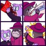 anthro biped brown_body clothing drinking duo eyewear glasses hat headgear headwear hug kissing purple_body john_mybeloved coca-cola mentos unicorn_wars padre_(unicorn_wars) sargento_caricias bear mammal 1:1 2023 comic