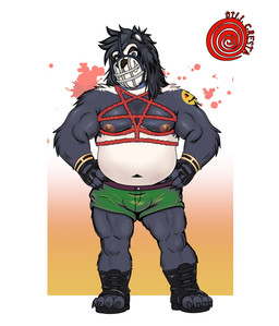 anthro belly boots claws clothing fangs footwear gloves hair handwear harness leather long_hair male musclegut muscular muzzle_(object) muzzled nipples shoes solo tattoo teeth dillcresta watchmen bear mammal absurd_res hi_res