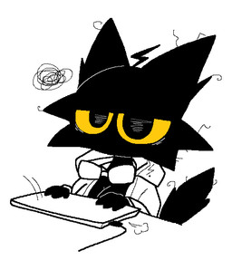 anthro biped black_body black_eyes black_fur black_tail breasts cleavage clothed clothing computer electronics eyewear female fingers fur goggles goggles_around_neck laptop orange_sclera simple_background sitting solo tail tired tired_eyes topwear white_background sabgong shiron_(sabgong) domestic_cat felid feline felis mammal