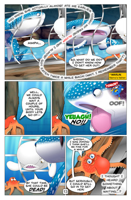 annoyed blue_body border caustics confusion countershading dialogue female female_prey feral feral_pred feral_prey fin gate gills group humor inside_stomach internal light light_beam looking_worried male metal_bar muffled_speech multicolored_body open_mouth rock rugae sunbeam sunlight text throat tongue tongue_out trio two_tone_body underwater unwilling_pred unwilling_prey vore wall_(structure) water white_body white_border kazuo_ichigama disney finding_dory finding_nemo pixar bailey_(finding_dory) destiny_(finding_dory) dory_(finding_nemo) hank_(finding_dory) acanthurid aquatic beluga carpet_shark cephalopod cetacean coleoid fish giant_pacific_octopus mammal mollusk monodontid octopodiform octopus regal_tang shark toothed_whale whale_shark 2025 comic english_text hi_res