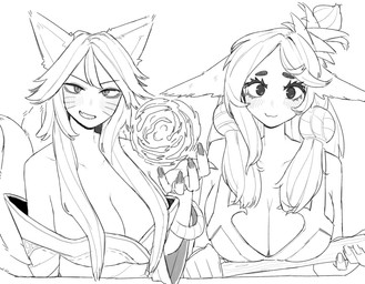 big_breasts blush blush_lines breasts cleavage clothed clothing duo facial_markings female grin grinning_at_viewer hair head_markings huge_breasts long_hair looking_at_viewer markings robe simple_background smile smiling_at_viewer tail teeth ohasiart league_of_legends riot_games tencent ahri_(lol) lillia_(lol) animal_humanoid canid canid_humanoid canine canine_humanoid deer deer_taur fox_humanoid humanoid mammal mammal_humanoid mammal_taur taur vastaya monochrome