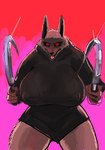 anthro big_breasts big_eyes big_iris big_nipples biped black_clothing black_nose black_poncho black_sclera breasts clothed clothing crossgender dual_wielding female fingers front_view fur fur_tuft glistening glistening_eyes glistening_melee_weapon glistening_sickle glistening_weapon gradient_background grey_body grey_fur holding_melee_weapon holding_object holding_sickle holding_weapon huge_breasts humanoid_hands looking_at_viewer melee_weapon mtf_crossgender nipple_outline nipples open_mouth open_smile pointy_ears poncho prick_ears red_eyes red_tongue sharp_teeth sickle simple_background smile smiling_at_viewer solo standing teeth thick_thighs tongue tuft weapon wide_stance im51nn5 dreamworks puss_in_boots_(franchise) death_(puss_in_boots) canid canine canis mammal wolf 2023 colored_sketch digital_media_(artwork) hi_res portrait sketch three-quarter_portrait