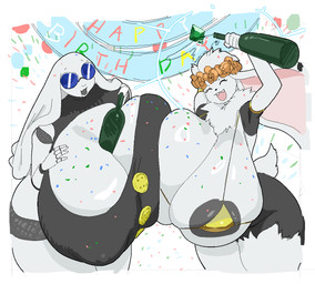 anthro areola balloon banner between_breasts big_breasts bikini bikini_top birthday breast_squish breasts champagne_bottle cleavage cleavage_cutout clothed clothing confetti cutout detailed_background dewlap_(anatomy) doll_joints duo eyewear female floppy_ears flower flower_crown gem glasses glistening glistening_breasts gold_(metal) gold_jewelry halo huge_breasts ineffective_clothing inflatable jewelry machine nipple_outline plant sagging_breasts scut_tail short_tail squish string_bikini sweater swimwear tail thick_thighs topwear two-piece_swimsuit realius champagne_(tabunnie) tabunie android bundroid deity lagomorph mammal robot