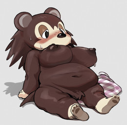 3_toes anthro apron areola belly big_areola big_belly big_breasts black_nose blush blushing_profusely bodily_fluids breasts brown_areola brown_body brown_hair brown_nipples clothes_on_floor clothing crotch_tuft feet female freckled_face freckles gloves_(marking) grey_background hair half-closed_eyes leaning leaning_backward leg_markings looking_down markings mouthless multicolored_body narrowed_eyes navel nipples nude overweight overweight_anthro overweight_female pattern_apron pattern_clothing pink_apron pink_clothing plaid plaid_apron plaid_clothing pubes quill_hair quills_(anatomy) simple_background socks_(marking) solo sweat sweatdrop thick_thighs three-quarter_view toes tuft white_body wide_hips totonpe animal_crossing nintendo sable_able eulipotyphlan hedgehog mammal 2025 hi_res