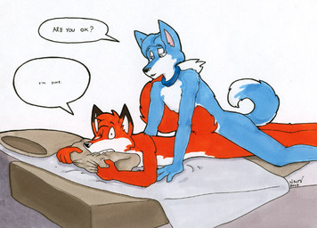 anal anal_penetration anthro anthro_on_anthro anthro_penetrated anthro_penetrating anthro_penetrating_anthro bed bite black_body black_fur blue_body blue_fur collar collar_only dialogue duo from_behind_position fur furniture jockey_position looking_down looking_down_at_partner looking_forward male male/male male_penetrated male_penetrating male_penetrating_male nude one_eye_closed penetration penile penile_penetration penis_in_ass pillow pillow_bite prone_bone_position red_body red_fur sex speech_bubble tail text white_body white_fur sean_o'hare canid canine fox mammal 2001 dated english_text signature