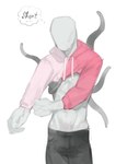 athletic athletic_male bodily_fluids bottomwear clothing crop_top featureless_face hoodie male midriff pants pink_clothing shirt simple_background solo sweat tentacles text thought_bubble topwear vein white_body white_skin kogito creepypasta slenderman humanoid tentacle_creature 2023 english_text hi_res