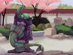 anthro asian_clothing big_breasts breasts clothed clothing east_asian_clothing female green_body japanese_clothing kimono nipples outside solo vikhop nintendo pokemon generation_3_pokemon legendary_pokemon pokemon_(species) rayquaza hi_res