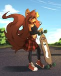 anthro arm_tuft big_tail bottomwear breasts brown_eyes brown_hair clenched_teeth clothed clothing cloud ear_flop female footwear fully_clothed fur hair holding_object holding_skateboard inner_ear_fluff long_hair looking_aside midriff navel outside plant shoes shoulder_tuft skateboard skirt sky slim small_breasts sneakers solo tail tan_body tan_fur tattoo teeth topwear tree tuft vehicle tinygaypirate rain_world videocult apogee_(tinygaypirate) canid canine canis domestic_dog mammal slugcat spitz 2023 absurd_res hi_res