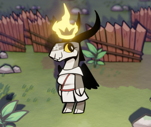 anthro biped black_body black_feathers black_hair chibi crown feathered_wings feathers female floating_crown fur grey_body grey_fur hair headgear hooves horn smile solo standing white_body white_fur wings yellow_eyes keadanger cult_of_the_lamb massive_monster_(studio) bapho_(keadanger) baphomet_(deity) bovid caprine caprine_demon deity demon goat_demon mammal 2022 digital_media_(artwork) hi_res