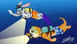 anthro bottomwear clothing duo hi_res lagomorph leporid male mammal mustelid otter rabbit sagadreams scuba sea shorts swimming swimming_trunks swimwear underwater water