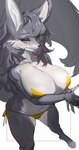 3_toes 5_fingers anthro arm_under_breasts big_breasts big_tail bikini blush breast_squish breasts clothing countershade_torso countershading ears_up feet female fingers fluffy fluffy_tail fur grey_body grey_fur grey_hair hair hands_together high-angle_view holding_breast huge_breasts kemono long_hair looking_at_viewer looking_up looking_up_at_viewer side-tie_bikini simple_background skindentation solo squish standing string_bikini swimwear tail toes two-piece_swimsuit white_body white_fur yellow_bikini yellow_clothing yellow_eyes yellow_swimwear woobin94 cervina canid canine canis mammal wolf hi_res