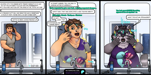 anthro bathroom bottomwear breast_growth breasts clothing dialogue eyewear female fur gender_transformation glasses grey_body grey_fur growth human_to_anthro inside jewelry looking_at_reflection looking_at_viewer male mirror mtf_transformation muscular muscular_male nerdification overweight overweight_female rectangular_glasses shirt shocked shorts shrinking sink size_transformation smile solo species_transformation surprised tail tail_growth text topwear transformation weight_gain miltonholmes human mammal procyonid raccoon 2026 absurd_res comic digital_media_(artwork) english_text hi_res url