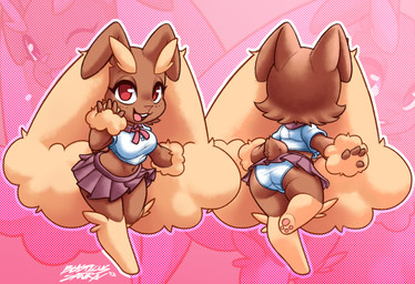 4_fingers anthro big_breasts bottomwear bow_(feature) breasts brown_body brown_ears brown_fur buckteeth clothed clothing crop_top eyebrows eyelashes female fingers fluffy fluffy_ears front_and_back fur gusset midriff navel open_mouth panties pawpads paws pokemorph red_eyes school_uniform scut_tail shirt short_stack short_tail skirt smile solo tail teeth thick_eyebrows thick_thighs topwear underwear uniform upskirt wide_hips wrist_fluff blasticussaturn nintendo pokemon generation_4_pokemon lagomorph lopunny mammal pokemon_(species) absurd_res digital_media_(artwork) hi_res signature