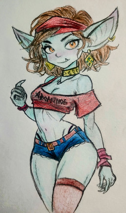 accessory blue_body blue_skin bottomwear clothing crop_top ear_piercing ear_ring female headband legwear piercing ring_piercing shirt shorts stockings topwear visible_underwear zfka goblin humanoid imp absurd_res hi_res
