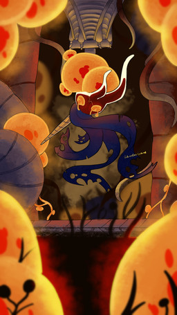 ambiguous_gender bodily_fluids horn melee_weapon orange_eyes solo tears text weapon ghoulingscrawl hollow_knight_(franchise) team_cherry broken_vessel_(hollow_knight) arthropod infected_(species) 2026 9:16 english_text hi_res signature