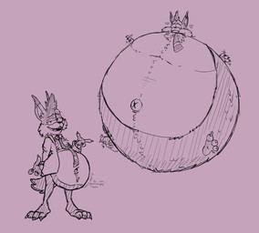 accessory anthro belly bloated claws clothing fangs fur hair half-closed_eyes immobile inflation jacket looking_at_viewer male narrowed_eyes navel necktie obese obese_anthro obese_male open_mouth outie_navel overweight overweight_anthro overweight_male paws solo sound_effects standing tail teeth text topwear wide_eyed scudmum bubsy_(series) bubsy_bobcat bobcat felid feline lynx mammal 2026 hi_res