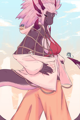 anthro bikini bikini_top blush bottomwear breasts clothing extreme_size_difference female gesture group hair hand_gesture hand_on_hip hood horn looking_at_viewer micro net pants pointing pointing_at_another rope size_difference smile solo_focus spikes spikes_(anatomy) swimwear tail two-piece_swimsuit trololohstuffs mythology razulia_(trololohstuffs) dragon mythological_creature mythological_scalie scalie 2023 2:3 digital_media_(artwork) hi_res