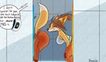 anthro blush butt dialogue eyes_closed female humor machine running smile solo speech_bubble tail text thinking_with_portals baphowet chell_(fursona) canid canine fox mammal robot 2022 english_text signature