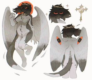 4_fingers annoyed anthro back_wings belly_tuft big_wings black_hair body_hair breasts cheek_tuft chest_tuft claws clothing countershade_torso countershading creepy_face cross curled_fingers digitigrade dipstick_tail dipstick_wings ears_as_hair eyes_on_wings facial_tuft feathered_wings feathers featureless_breasts feet female finger_claws fingers floating floppy_ears fur grey_body grey_fur grey_spots grey_tail hair half-closed_eyes happy_trail head_tuft headgear headwear hindpaw long_tail looking_at_viewer markings medium_breasts mouthless multi_nipple multicolored_body narrowed_eyes navel navel_tuft nipples nude on_one_leg paws pupils rear_view red_eyes red_sclera shadow_face simple_background smile solo spots standing tail tail_markings teats thorn_crown tuft two_tone_body unusual_anatomy unusual_eye_placement unusual_wings white_background white_body white_breasts white_fur white_paws white_tail_tip wing_eyes wings wolfertinger angel fallen_angel 2024 archived_source full-length_portrait hi_res portrait shaded soft_shading trans_(lore) trans_man_(lore)