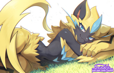 ambiguous_gender anthro anthrofied bedroom_eyes blue_eyes claws eyelashes fangs featureless_crotch flirting flirting_look flirting_with_viewer fur grass looking_at_viewer lying multicolored_body narrowed_eyes navel on_grass on_ground on_side plant pokemorph seductive simple_background small_waist solo teeth text whiskers white_background wide_hips yellow_body yellow_fur suahh nintendo pokemon felid feline generation_7_pokemon legendary_pokemon mammal pokemon_(species) zeraora 2025 cel_shading chromatic_aberration digital_drawing_(artwork) digital_media_(artwork) shaded signature url watermark