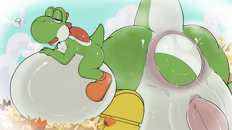 anal_oviposition anthro anus belly big_belly bodily_fluids butt clothing egg footwear genitals huge_belly hyper hyper_belly hyper_pregnancy male nude oviposition penis pregnant pregnant_anthro pregnant_male solo tail tongue scrambledeve mario_bros nintendo dinosaur green_yoshi prehistoric_species reptile scalie yoshi 2026 absurd_res hi_res