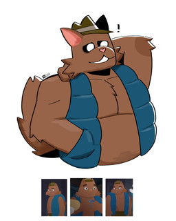 anthro belly biped brown_body brown_fur clothed clothing exclamation_point fur hat headgear headwear male musclegut muscular overweight overweight_male pink_nose simple_background solo white_background reidem beastly_crimes beastly_crimes_(2024) domestic_cat felid feline felis mammal 2026 4:5 absurd_res hi_res