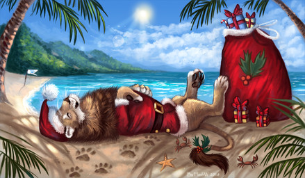4_toes beach black_pawpads day detailed_background feet feral lying male on_back outside pawpads paws sand seaside shore sky solo sun toes flashw felid lion mammal pantherine 2018 digital_media_(artwork)