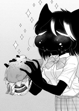 anthro black_body chewing female food holding_food holding_object solo hiroki_katsumata kuroi-san_(hiroki_katsumata) felid feline mammal hi_res