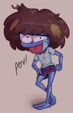 2_toes 4_fingers adolescent alternate_species anthro bangs barefoot big_hair black_eyebrows black_eyes black_text blue_body blue_skin bottomwear breasts brown_hair clothed clothed_anthro clothed_female clothing clothing_lift countershading dialogue eyebrow_through_hair eyebrows eyelashes feet female female_anthro fingers furrification grey_background grey_clothing grey_shirt grey_topwear hair half-closed_eyes leaf leaf_in_hair looking_at_viewer narrowed_eyes non-mammal_breasts pink_tongue pleated_skirt purple_bottomwear purple_clothing purple_skirt school_uniform shirt short_sleeves simple_background skirt skirt_lift small_breasts solo standing stick stick_in_hair talking_to_viewer text toes tongue topwear translucent translucent_hair uniform young young_anthro young_female keramagath amphibia_(series) disney anne_boonchuy amphibian frog 2024 english_text handwritten_text hi_res