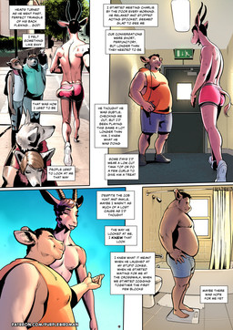 anthro back_muscles bottomwear clothed clothed_anthro clothed_male clothing duo exercise exercise_clothing fully_clothed fully_clothed_anthro fully_clothed_male hair hotpants larger_male male male_anthro musclegut muscular muscular_anthro muscular_male page_number running shirt shorts size_difference solo tall tank_top text text_box topless topless_anthro topless_male topwear purplebirdman charlie_(purplebirdman) josh_(purplebirdman) antelope bovid bovine canid canine canis cattle gazelle mammal wolf comic english_text