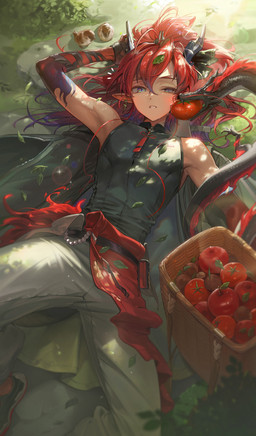 ambiguous_gender apple bottomwear clothing ear_piercing ear_ring feral food fruit grass group hair horn humanoid_focus humanoid_pointy_ears lying male on_back pants piercing plant pointy_ears red_hair ring_piercing rock solo_focus tomato topwear vest keto_cactus arknights hypergryph mythology studio_montagne yu_(arknights) animal_humanoid avian bird dragon dragon_humanoid humanoid mythological_creature mythological_scalie scalie 2025 absurd_res digital_media_(artwork) hi_res