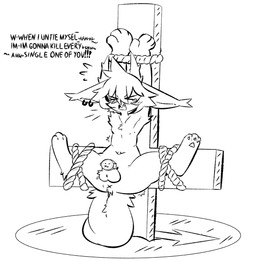 3_toes 4_fingers anthro anus arm_tuft arms_above_head ball_tuft balls bdsm big_ears blush blush_lines bodily_fluids bondage bound butt chastity_cage chastity_device chastity_device_only cross cute_fangs directional_arrow ear_piercing ear_ring ear_tuft emanata eye_through_hair fangs feet fingers fur genitals hair hands_tied inverted_cross leg_tuft legs_tied male motion_lines nude pawpads piercing presenting presenting_hindquarters restraints ring_piercing rope rope_bondage solo spread_legs spreading tail tears teeth text toes translucent translucent_hair tuft wearing_chastity_device x_anus gaogomon gaogomon_(oc) furred_kobold furred_scalie kobold scalie 2026 absurd_res black_and_white english_text hi_res monochrome