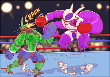 abs armor barefoot blood bodily_fluids bottomwear boxing bruised clothing crowd feet fighting_ring gore group horn jumping lights mouthplate muscular natural_armor pecs punch shorts sport teeth uppercut dragon_ball dragon_ball_z cooler_(dragon_ball) zamrud arthropod beetle frieza_race insect