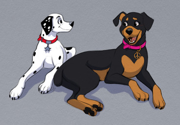 black_body black_fur black_nose black_pawpads black_spots brown_body brown_fur brown_paws brown_snout collar duo female feral floppy_ears fur heterochromatic_ears male pawpads pink_collar red_collar spots toony white_body white_fur white_spots zacepka 101_dalmatian_street 101_dalmatians disney dylan_(101_dalmatians) roxy_(101_dalmatians) canid canine canis dalmatian domestic_dog mammal mastiff molosser rottweiler hi_res