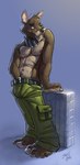 anthro biped clothed clothing collar ear_piercing looking_at_viewer male piercing solo standing topless solidasp canid canine mammal source_request