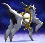 ambiguous_gender butt featureless_crotch feral green_sclera looking_back raised_leg red_eyes solo space star tail white_body on_ice_(artist) nintendo pokemon arceus generation_4_pokemon legendary_pokemon pokemon_(species) absurd_res hi_res