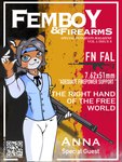 clothed clothing fictional_magazine_cover fur gun hair holding_gun holding_object holding_ranged_weapon holding_rifle holding_weapon looking_at_viewer looking_pleasured magazine magazine_(gun) male ranged_weapon smile solo standing text weapon votmelon humanoid 3:4 cover english_text hi_res magazine_cover